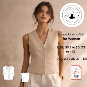 Beige Leinen Weste Schnittmuster - Minimalistische maßgeschneiderte Weste (Digitaler Download)