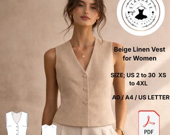 Naaipatroon beige linnen vest – minimalistisch getailleerd gilet (digitale download)