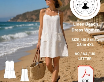 Linen Beach Dress Sewing Pattern, Loose Fit Mini Sundress (Digital Download)