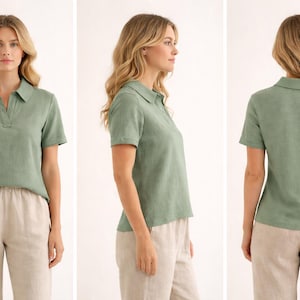 May include: A sage green short-sleeved polo shirt with a collar and a V-neck placket, paired with light beige trousers. The shirt features a textured fabric and is shown from the front, side, and back views to display the fit and design.