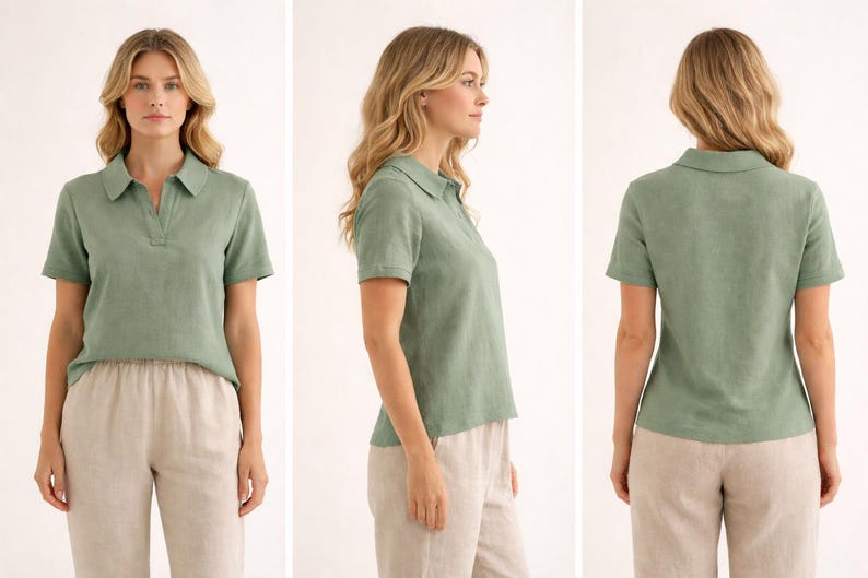 May include: A sage green short-sleeved polo shirt with a collar and a V-neck placket, paired with light beige trousers. The shirt features a textured fabric and is shown from the front, side, and back views to display the fit and design.