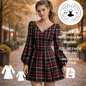 May include: A tartan plaid mini dress with a V-neck and long sleeves. The dress features a black, red, and gold plaid pattern. The image includes text that reads "Tartan Plaid Mini Dress for Women" and size options.