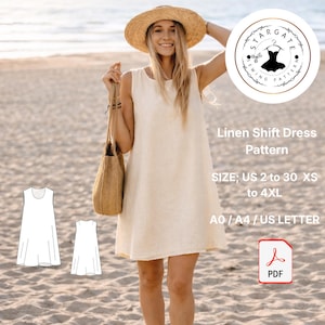 May include: A woman wearing a cream-colored linen shift dress and a straw hat stands on a sandy beach. The image includes a sewing pattern logo and text: "Linen Shift Dress Pattern, SIZE: US 2 to 30 XS to 4XL, A0/A4/US LETTER, PDF".