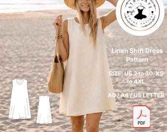 Naaipatroon linnen shiftjurk, mouwloos zomerstrand, pdf (VS 2-30, XS-4XL)