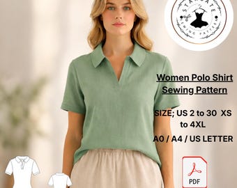 Women's Polo Shirt Sewing Pattern, Minimal Collar Top (PDF Download)