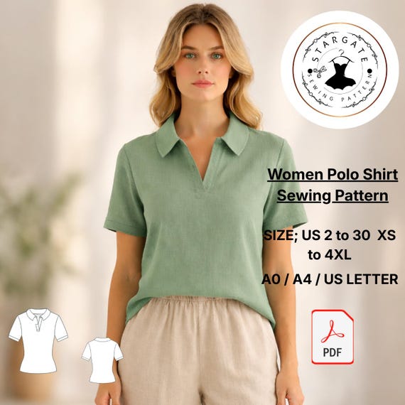 Women's Polo Shirt Sewing Pattern, Minimal Collar Top (PDF Download)