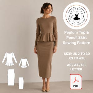Puede incluir: Un patrón de costura para una blusa de manga larga con volante y una falda lápiz de color marrón. El texto dice Stargate Sewing Pattern, Peplum Top & Pencil Skirt Sewing Pattern, Size; US 2 to 30, XS to 4XL, A0 / A4 / US Letter y PDF. Incluye diagramas.