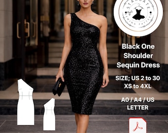 Black One Shoulder Sequin Dress Sewing Pattern (Digital Download)
