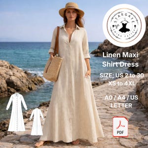 May include: A beige linen maxi shirt dress with a button-down front, pockets, and three-quarter sleeves. The dress is worn with a straw hat and a woven tote bag. The image includes the text "Linen Maxi Shirt Dress" and size information.