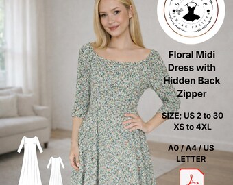 Cartamodello per abito midi a fantasia floreale, modello a trapezio in stile vintage (download digitale)