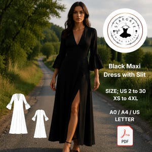 Puede incluir: Un vestido maxi negro con abertura, cuello en V y mangas acampanadas. La imagen muestra a una modelo con el vestido. El texto indica tallas de US 2 a 30 y XS a 4XL.
