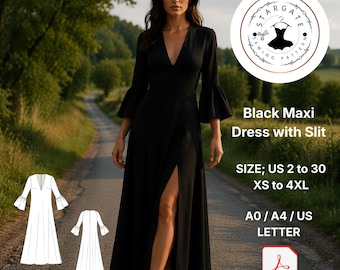 Black Maxi Dress Sewing Pattern, V Neck Slit, Long Sleeve Boho Style (Digital Download)