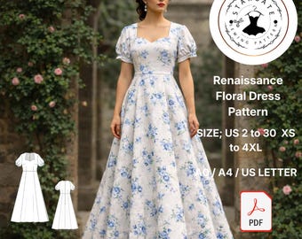 Naaipatroon renaissance bloemen maxi-jurk, pofmouwen Cottagecore pdf