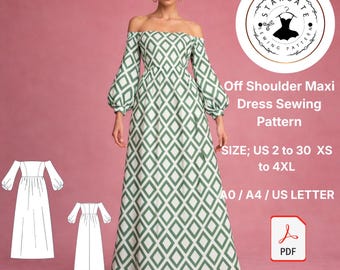 Patrón de costura para vestido largo con hombros descubiertos, estilo bohemio de lino (descarga en PDF)