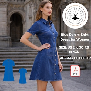 May include: A blue denim shirt dress featuring short sleeves, a button-down design, and a pocket. The image includes text stating "Blue Denim Shirt Dress for Women" and size details. A PDF icon is also visible.