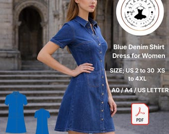 Blue Denim Shirt Dress Sewing Pattern – Women's A-Line Mini (Digital Download)