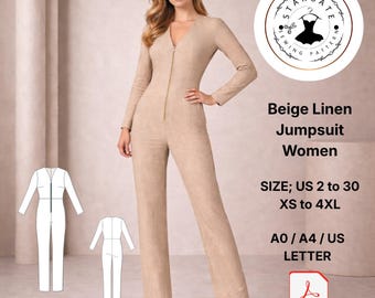 Beige linnen jumpsuit naaipatroon dames, op maat gemaakte minimalistische stijl (digitale download)
