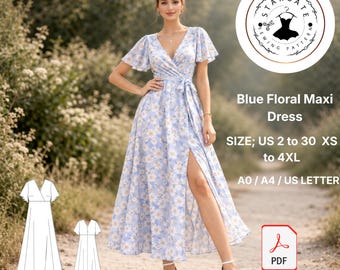 Blue Floral Maxi Wrap Dress Sewing Pattern, Boho Style (Digital Download)