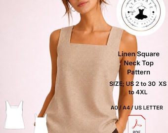 Linen Square Neck Top Sewing Pattern, Sleeveless Tank PDF, Minimal Summer Blouse