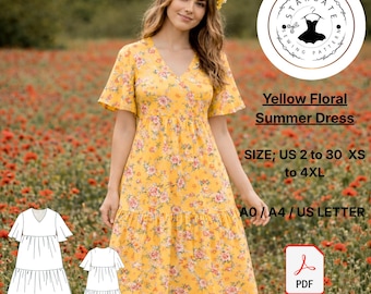 Naaipatroon gele bloemen zomerjurk (digitale download)