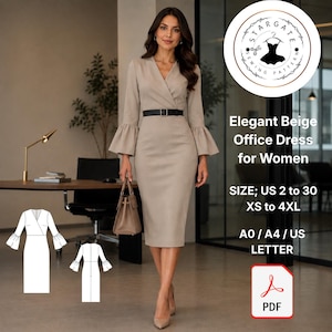 May include: A beige midi dress with a V-neckline, long bell sleeves, and a black belt. The image includes a circular logo with the text Stargate Sewing Pattern, a PDF icon, and a technical line drawing of the dress in front and back views.