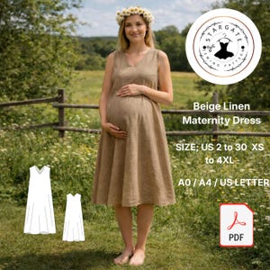 Beige Linen Maternity Dress Sewing Pattern – Boho V-Back Summer Baby Shower Outfit (PDF)