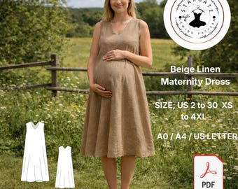 Beige Linen Maternity Dress Sewing Pattern – Boho V-Back Summer Baby Shower Outfit (PDF)