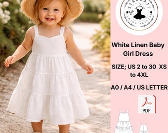 Modello di cucito per vestito da bambina in lino bianco, prendisole a balze (download digitale)