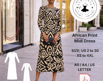 Cartamodello per abito midi con stampa africana, stile tribale aderente (download digitale)