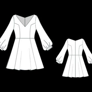 May include: A white dress with long, voluminous bishop sleeves, a V-neckline, and a fitted bodice that flares into a skirt. The illustration shows both the front and back views of the garment, featuring clean lines and structured seams.
