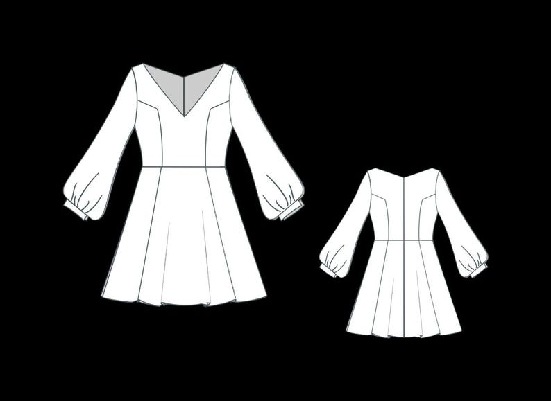 May include: A white dress with long, voluminous bishop sleeves, a V-neckline, and a fitted bodice that flares into a skirt. The illustration shows both the front and back views of the garment, featuring clean lines and structured seams.