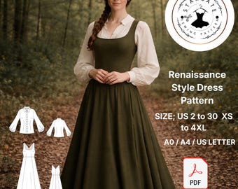 Renaissance Style Dress Sewing Pattern, Cottagecore Pinafore Maxi (PDF)