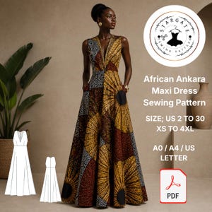 May include: A sleeveless maxi dress featuring a geometric African Ankara print in shades of yellow, brown, and black. The dress has a deep V-neckline and a full skirt. Includes text: Stargate Sewing Pattern, African Ankara Maxi Dress, US 2 to 30, XS to 4XL, A0/A4/US Letter, PDF.
