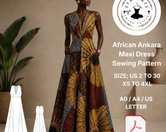 May include: A sleeveless maxi dress featuring a geometric African Ankara print in shades of yellow, brown, and black. The dress has a deep V-neckline and a full skirt. Includes text: Stargate Sewing Pattern, African Ankara Maxi Dress, US 2 to 30, XS to 4XL, A0/A4/US Letter, PDF.