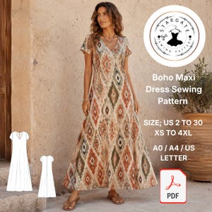 Patrón de costura para vestido largo estilo bohemio, caftán holgado, estilo lino étnico (descarga en PDF)