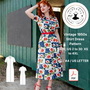 May include: A vintage 1950s shirt dress pattern. The dress features a floral print with red roses and blue squares, a red belt, and a button-down front. The pattern includes sizes US 2 to 30, XS to 4XL, and is available in PDF format.