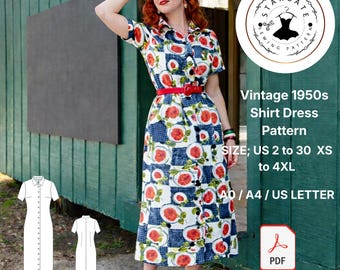 1950s Shirt Dress Sewing Pattern, Retro Button Down Midi, Rockabilly Pin Up (PDF Download)
