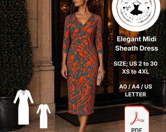 Elegante vestido midi ajustado, estampado abstracto en rojo turquesa, manga tres cuartos y escote en V (estampado digital).