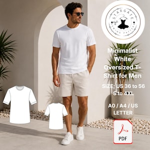 Puede incluir: Un hombre con una camiseta blanca de gran tamaño y pantalones cortos beige. La imagen incluye un patrón de costura para la camiseta, un logotipo y el texto "Minimalist White Oversized T-Shirt for Men" y detalles de tallas.