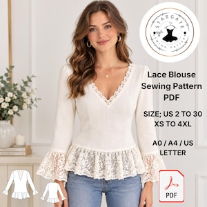 Puede incluir: Una blusa de manga larga color crema con escote en V y dobladillo con volante, ambos adornados con encaje floral blanco. El texto dice: Stargate Sewing Pattern, Lace Blouse Sewing Pattern PDF, Size; US 2 to 30, XS to 4XL, A0 / A4 / US Letter, PDF.