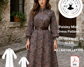 Paisley Midi Dress Sewing Pattern, Vintage Long Sleeve, High Neck, Boho Modest (Digital Download)