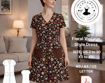 Floral Vintage Style Dress Sewing Pattern, A-Line Retro (Digital Download)