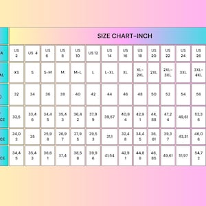 May include: A size chart table titled SIZE CHART-INCH with a gradient background. It lists US sizes 2 through 30, international sizes from XS to 4XL+, and European sizes 32 to 60. Rows display bust, waist, and hip measurements in inches.