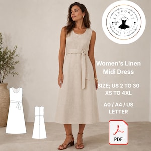 Può includere: Un abito midi senza maniche in lino beige con scollo rotondo e cintura in tessuto abbinata in vita. L'immagine include il testo Women's Linen Midi Dress, taglie US da 2 a 30, da XS a 4XL e formati PDF A0, A4, US Letter.