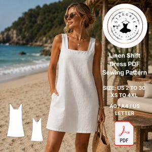 Può includere: Un abito a trapezio in lino bianco con scollo quadrato e tasche laterali. L'immagine include il testo Stargate Linen Shift Dress PDF Sewing Pattern, taglie US 2-30, XS-4XL, A0 / A4 / US Letter e un'icona PDF. Sono presenti due diagrammi del cartamodello.
