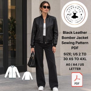 May include: A black leather bomber jacket sewing pattern PDF. The image displays a person wearing a black leather bomber jacket, white top, and black pants. Text includes: Stargate Sewing Pattern, Black Leather Bomber Jacket Sewing Pattern PDF, SIZE; US 2 TO 30 XS TO 4XL, A0 / A4 / US LETTER, and a PDF icon.