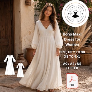 Peut inclure: Une robe longue blanche à manches longues avec un décolleté en V et des poignets froncés. L'image contient le texte : Stargate Sewing Pattern, Boho Maxi Dress for Women, Size US 2 to 30, XS to 4XL, A0 / A4 / US Letter, et une icône PDF rouge.