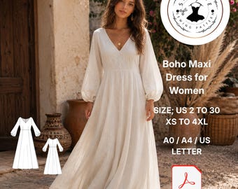 Boho Maxi Dress Sewing Pattern, Women's Linen Cottagecore Style (Digital Download)