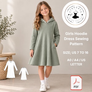 May include: A sage green long-sleeve hoodie dress with a flared skirt and white dotted trim on the hood. Text reads: Stargate Sewing Pattern, Girls Hoodie Dress Sewing Pattern, Size; US 7 to 16, A0 / A4 / US Letter, and a PDF icon.