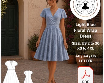 Light Blue Floral Wrap Dress Sewing Pattern (Digital Download)